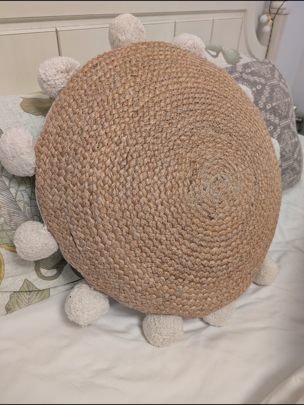Bohemian Large Round Woven Jute Pillow With Pom Poms